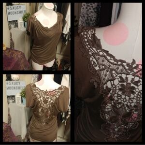 Forever 21 | Brown Crochet Back Boho Cowl Front Draped Fancy Blouse Large